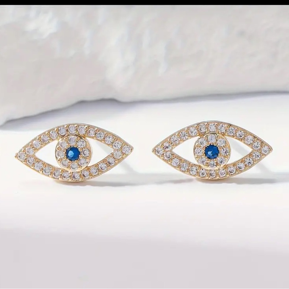 Gold Cubic Zirconia Evil Eye Earrings, Evil Eye Studs, Stud Earrings